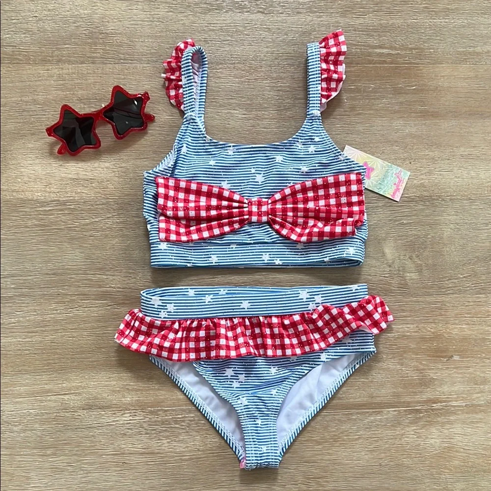 Btween Girls Americana Gingham Stars Sparkle 3 Piece Swim Set 5 Swimsuit